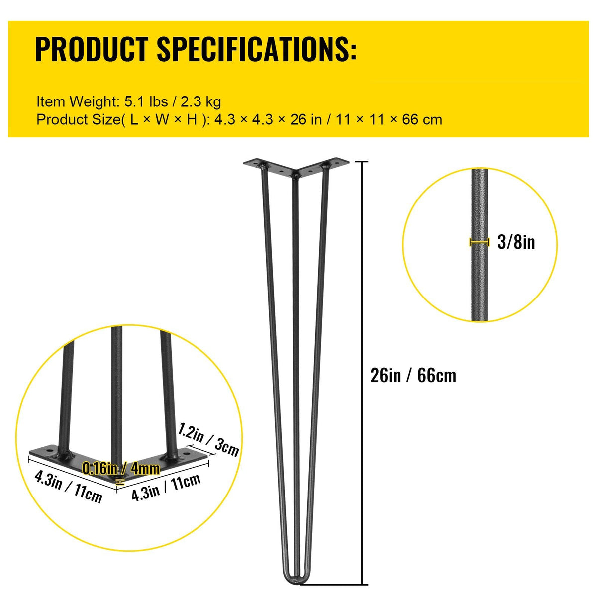 Hairpin Table Legs 26\" Black Set of 4 Desk Legs 880lbs Load Capacity (Each 220lbs) Hairpin Desk Legs 3 Rods for Bench Desk Dining End Table Chairs Carbon Steel DIY Heavy Duty Furniture Legs
