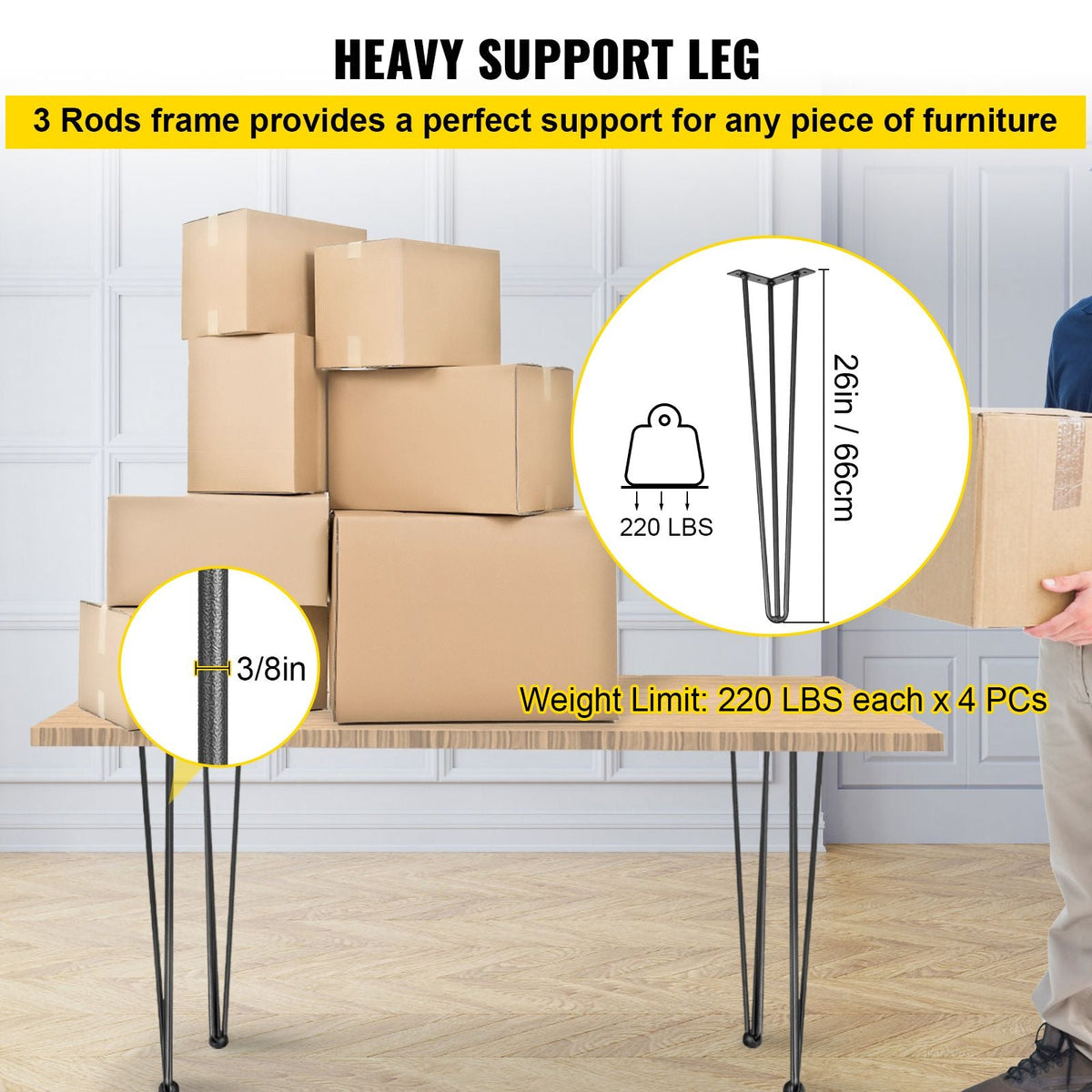 Hairpin Table Legs 26\" Black Set of 4 Desk Legs 880lbs Load Capacity (Each 220lbs) Hairpin Desk Legs 3 Rods for Bench Desk Dining End Table Chairs Carbon Steel DIY Heavy Duty Furniture Legs