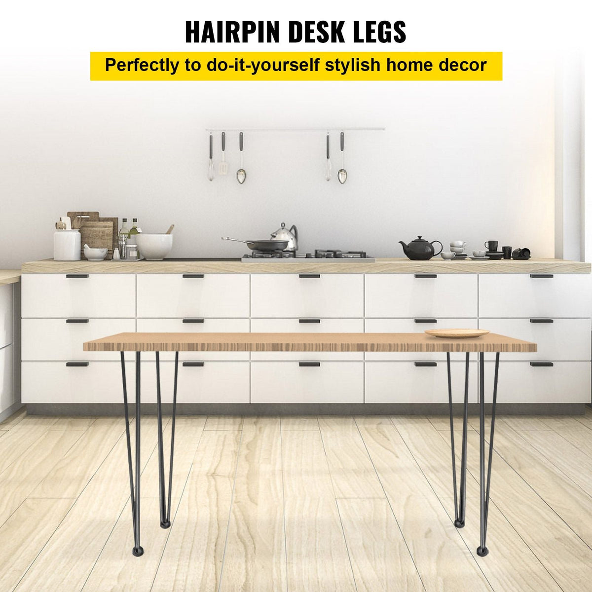 Hairpin Table Legs 26\" Black Set of 4 Desk Legs 880lbs Load Capacity (Each 220lbs) Hairpin Desk Legs 3 Rods for Bench Desk Dining End Table Chairs Carbon Steel DIY Heavy Duty Furniture Legs