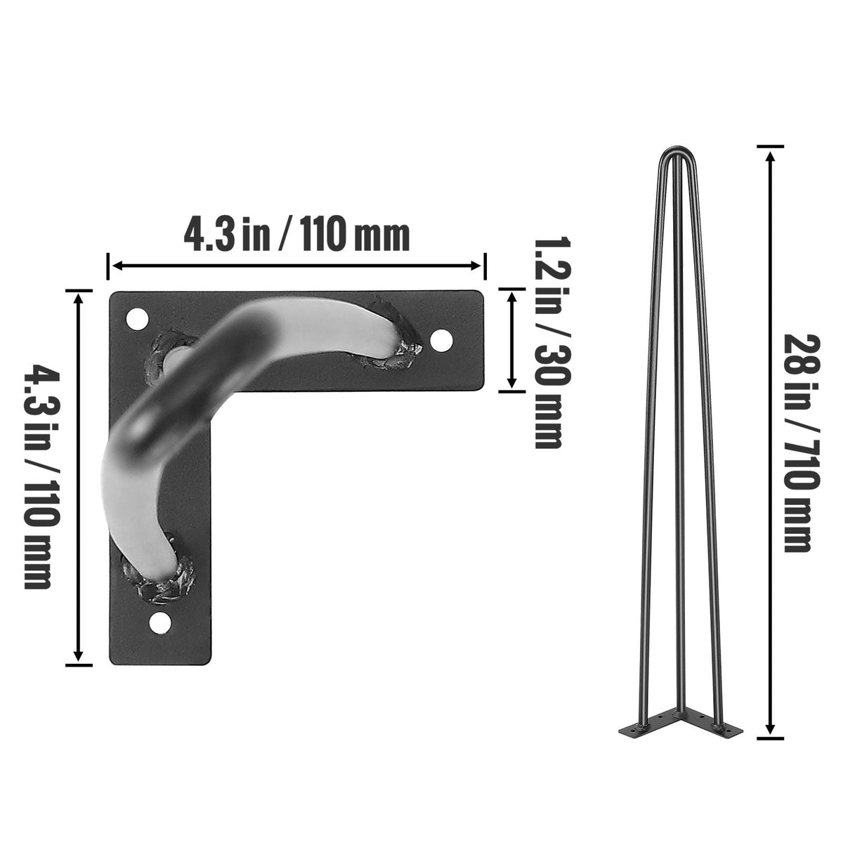 Hairpin Table Legs 28", Set of 4 Desk Legs 900lbs Load Capacity, Hairpin Desk Legs 3 Rods for Desk Chairs Bench Dining End Table, Solid Carbon Steel Heavy Duty Furniture Legs Black