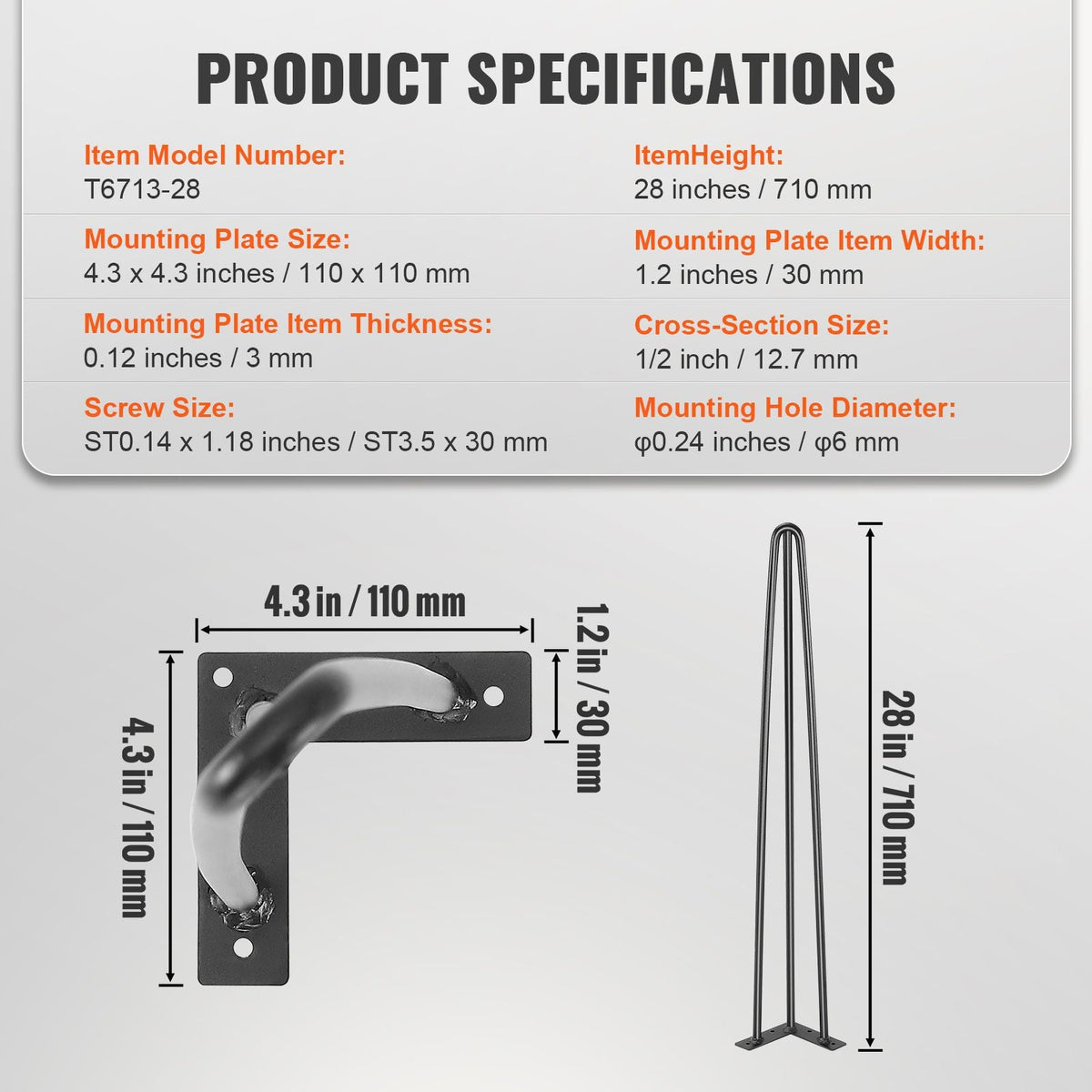 Hairpin Table Legs 28", Set of 4 Desk Legs 900lbs Load Capacity, Hairpin Desk Legs 3 Rods for Desk Chairs Bench Dining End Table, Solid Carbon Steel Heavy Duty Furniture Legs Black