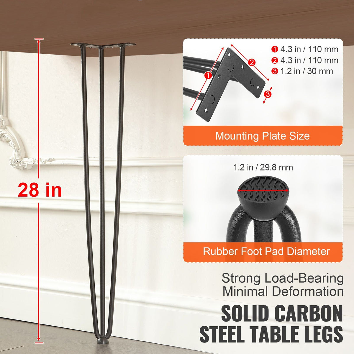 Hairpin Table Legs 28", Set of 4 Desk Legs 900lbs Load Capacity, Hairpin Desk Legs 3 Rods for Desk Chairs Bench Dining End Table, Solid Carbon Steel Heavy Duty Furniture Legs Black