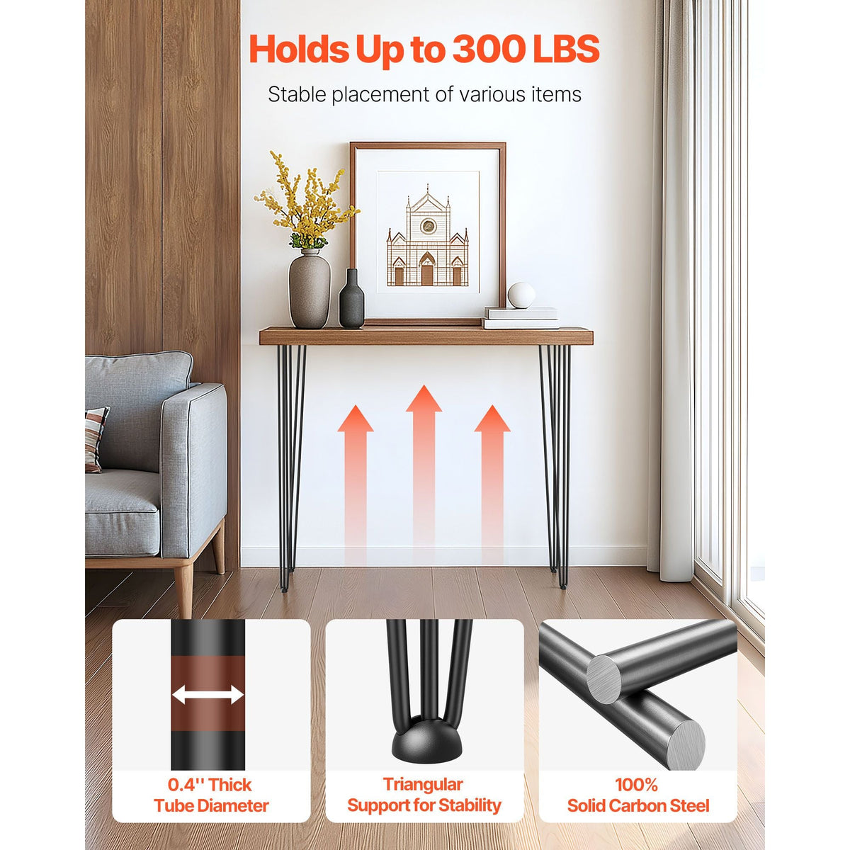 Hairpin Table Legs 34\" Black Set of 4 Desk Legs 880lbs Load Capacity (Each 220lbs) Hairpin Desk Legs 3 Rods for Bench Desk Dining End Table Chairs Carbon Steel DIY Heavy Duty Furniture Legs