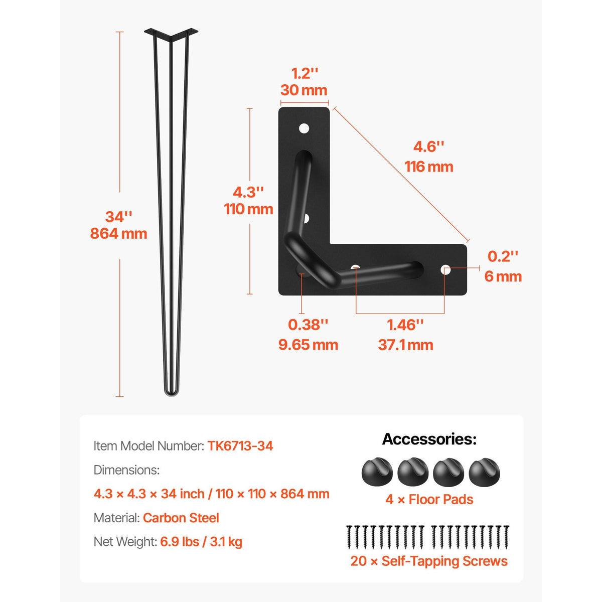 Hairpin Table Legs 34\" Black Set of 4 Desk Legs 880lbs Load Capacity (Each 220lbs) Hairpin Desk Legs 3 Rods for Bench Desk Dining End Table Chairs Carbon Steel DIY Heavy Duty Furniture Legs