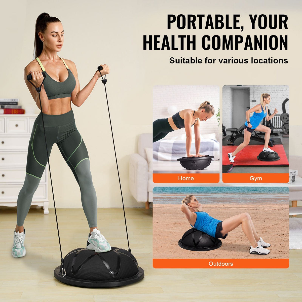 Half Exercise Ball Trainer, 23 inch Balance Ball Trainer, 660 lbs Capacity Stability Ball, Yoga Ball with Resistance Bands and Pump, Strength Fitness Ball for Home Gym, Full Body Workouts, Black
