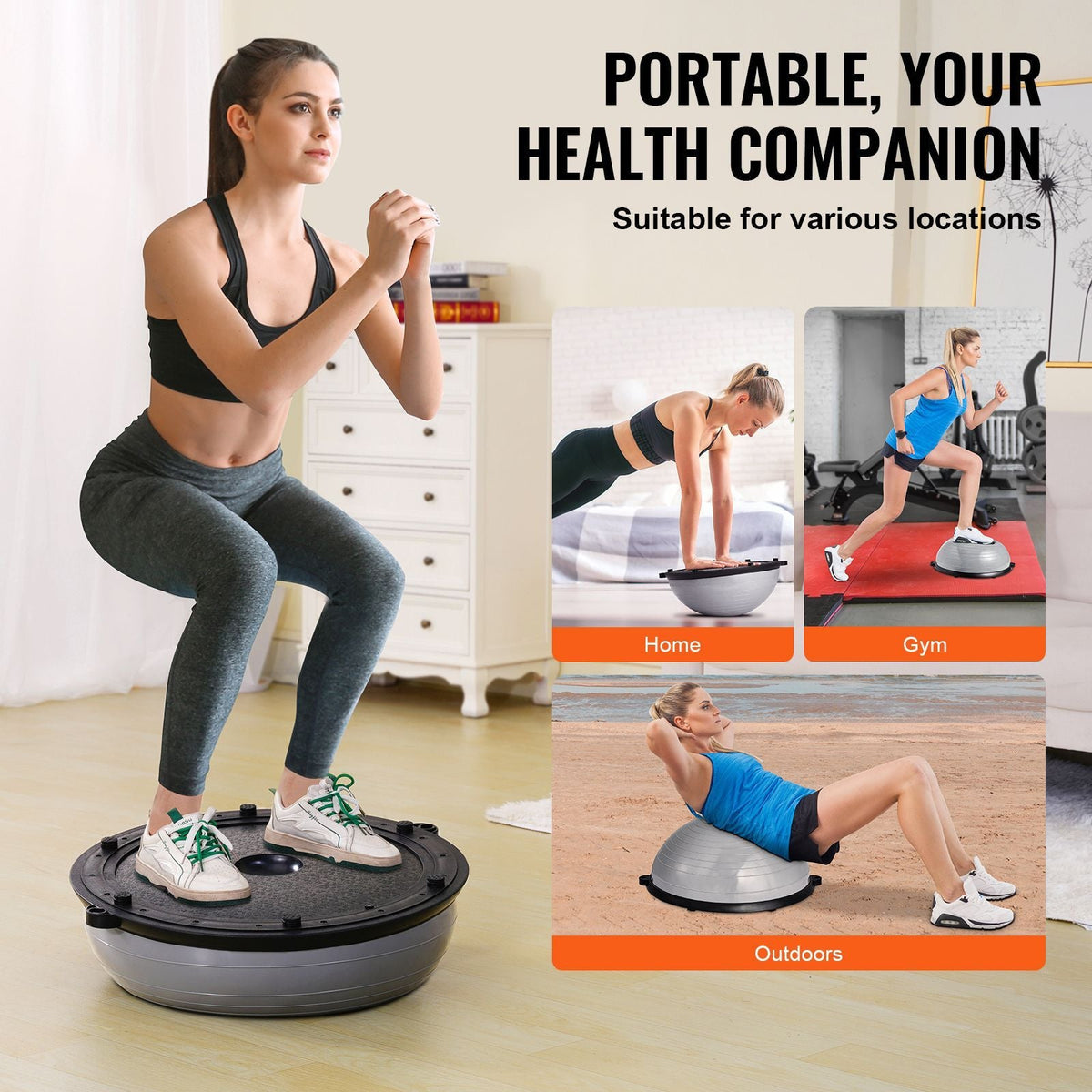 Half Exercise Ball Trainer, 23 inch Balance Ball Trainer, 660lbs Capacity Stability Ball, Yoga Ball with Resistance Bands & Foot Pump, Strength Fitness Ball for Home Gym, Full Body Workout, Gray