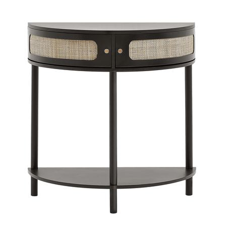 Half-moon Rattan Console Table with 2 Drawers, Rattan Entryway Table with Natural Rattan Sliding Door, Console Table with Storage for Living Room, Study, Entryway Or TV Wall, Black