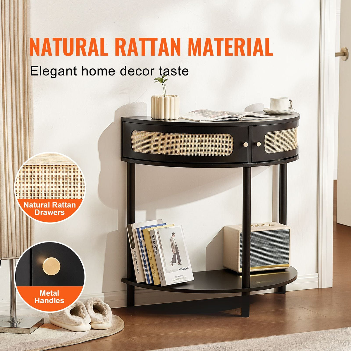 Half-moon Rattan Console Table with 2 Drawers, Rattan Entryway Table with Natural Rattan Sliding Door, Console Table with Storage for Living Room, Study, Entryway Or TV Wall, Black