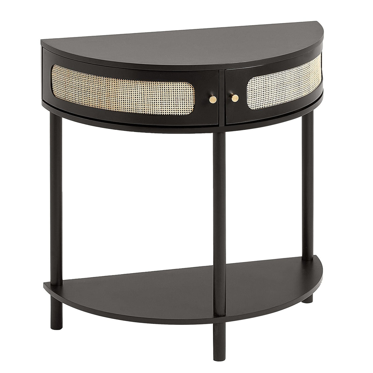 Half-moon Rattan Console Table with 2 Drawers, Rattan Entryway Table with Natural Rattan Sliding Door, Console Table with Storage for Living Room, Study, Entryway Or TV Wall, Black