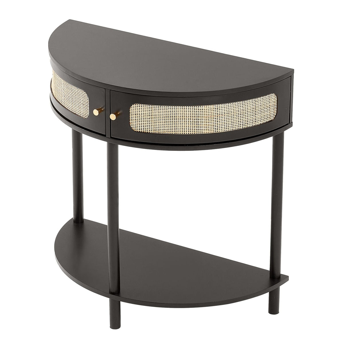 Half-moon Rattan Console Table with 2 Drawers, Rattan Entryway Table with Natural Rattan Sliding Door, Console Table with Storage for Living Room, Study, Entryway Or TV Wall, Black