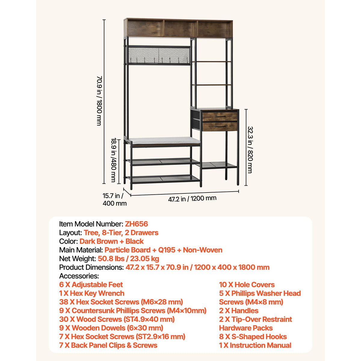 Hall Tree, 70.9 in Coat Rack with Shoe Bench & 2 Drawers, 3-in-1 Freestanding Shoe Rack Storage Organizer with Bookshelf & Wire Shelf, Steel Frame Entrance Coat Holder for Entry, Bedroom, Closet