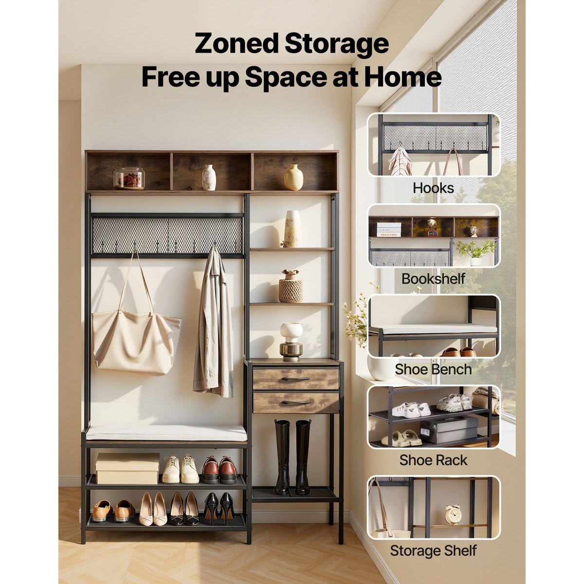 Hall Tree, 70.9 in Coat Rack with Shoe Bench & 2 Drawers, 3-in-1 Freestanding Shoe Rack Storage Organizer with Bookshelf & Wire Shelf, Steel Frame Entrance Coat Holder for Entry, Bedroom, Closet