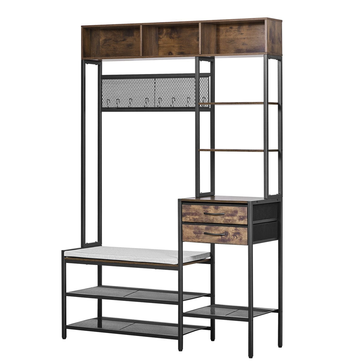 Hall Tree, 70.9 in Coat Rack with Shoe Bench & 2 Drawers, 3-in-1 Freestanding Shoe Rack Storage Organizer with Bookshelf & Wire Shelf, Steel Frame Entrance Coat Holder for Entry, Bedroom, Closet