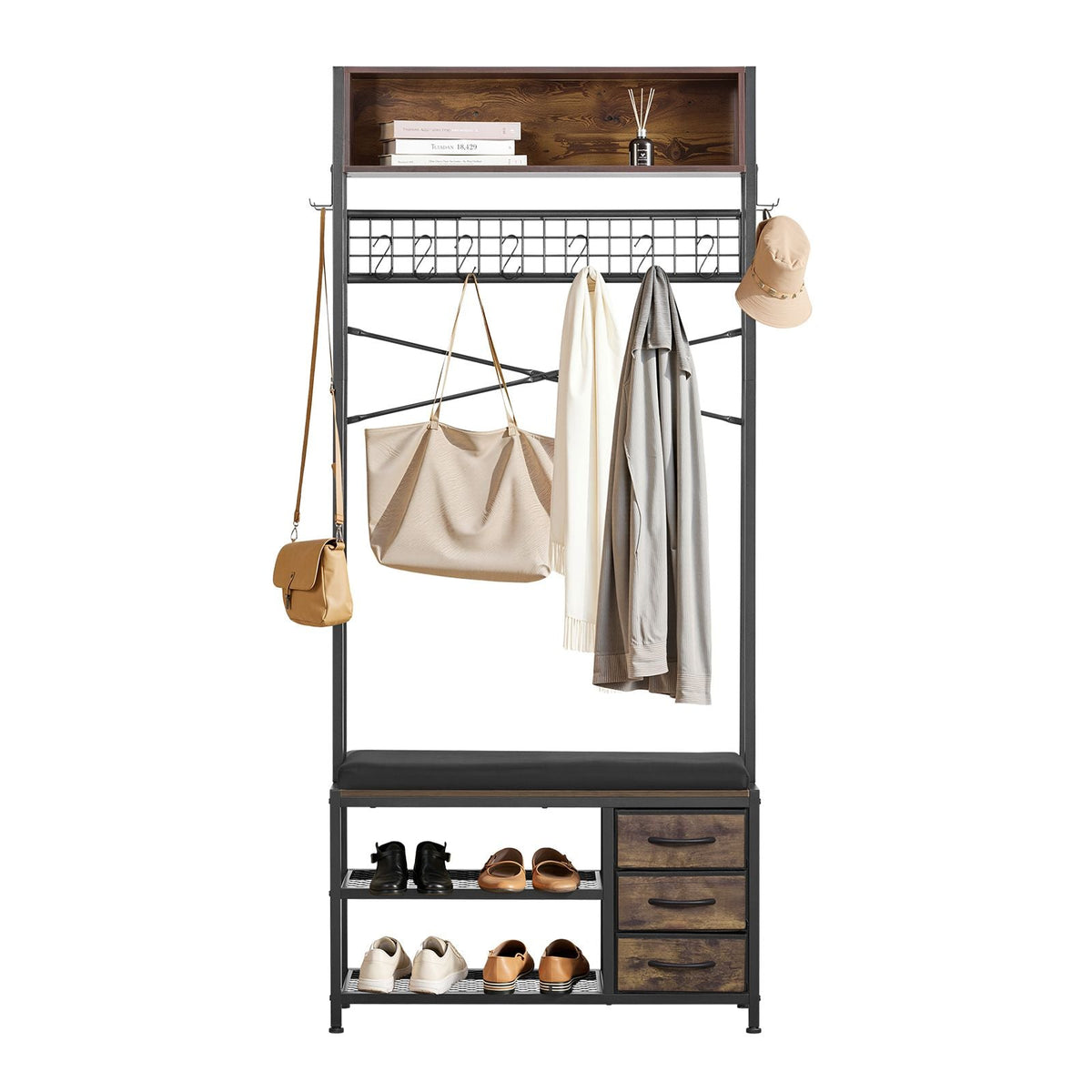 Hall Tree, 70.9 in Coat Rack with Shoe Bench & 3 Drawers, 3-in-1 Freestanding Shoe Rack Storage Organizer with Bookshelf & Wire Shelf, Steel Frame Entrance Coat Holder for Entry, Bedroom, Closet
