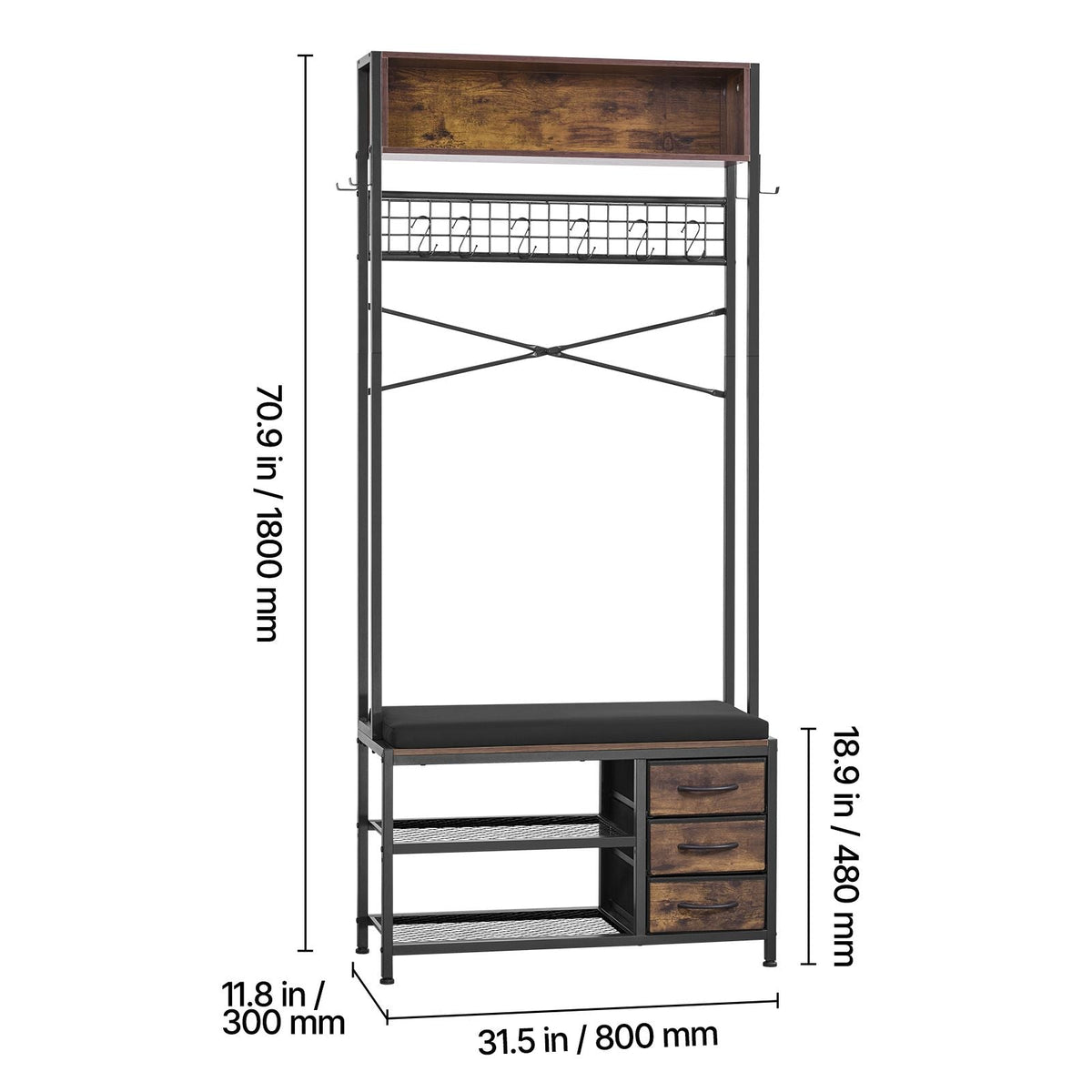 Hall Tree, 70.9 in Coat Rack with Shoe Bench & 3 Drawers, 3-in-1 Freestanding Shoe Rack Storage Organizer with Bookshelf & Wire Shelf, Steel Frame Entrance Coat Holder for Entry, Bedroom, Closet