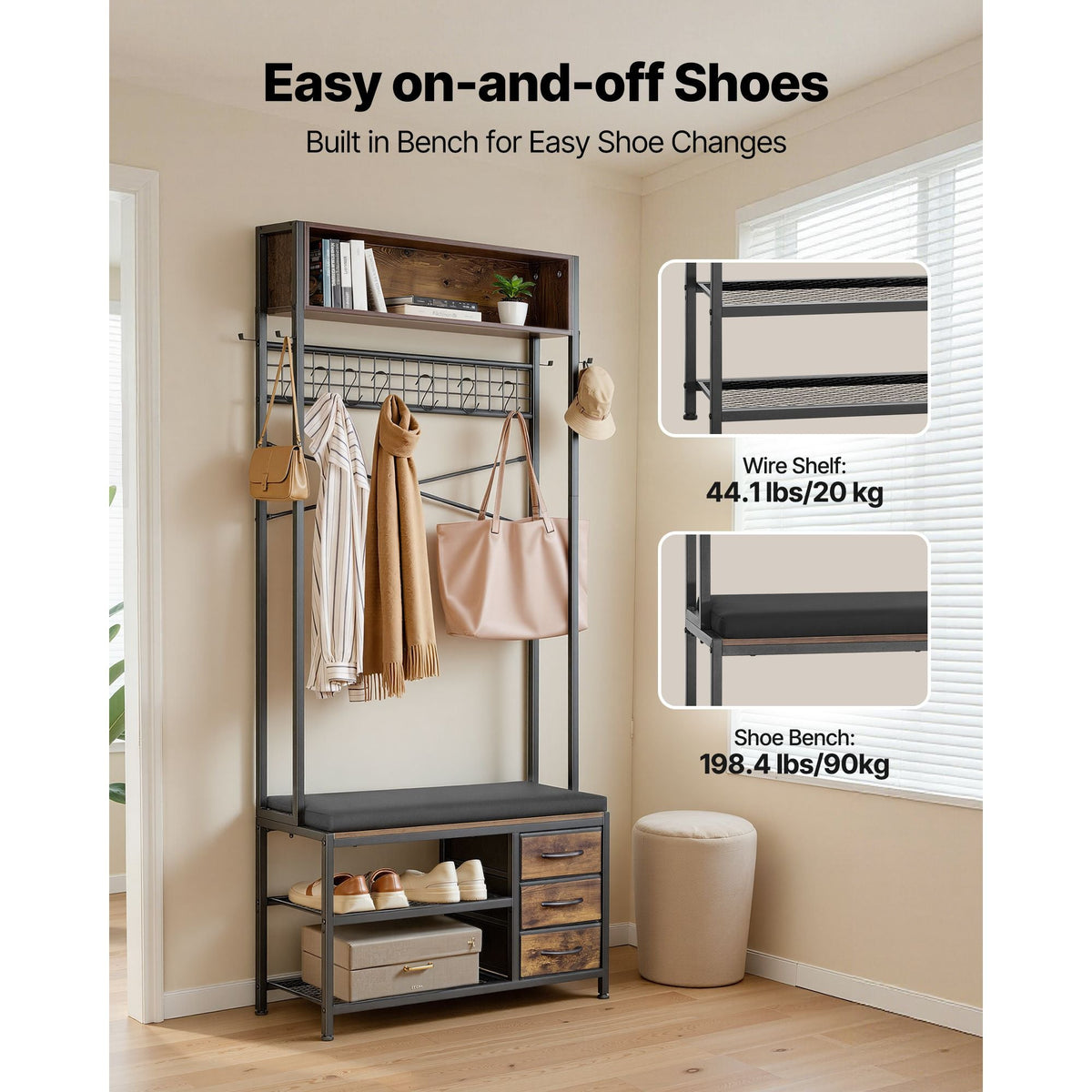 Hall Tree, 70.9 in Coat Rack with Shoe Bench & 3 Drawers, 3-in-1 Freestanding Shoe Rack Storage Organizer with Bookshelf & Wire Shelf, Steel Frame Entrance Coat Holder for Entry, Bedroom, Closet