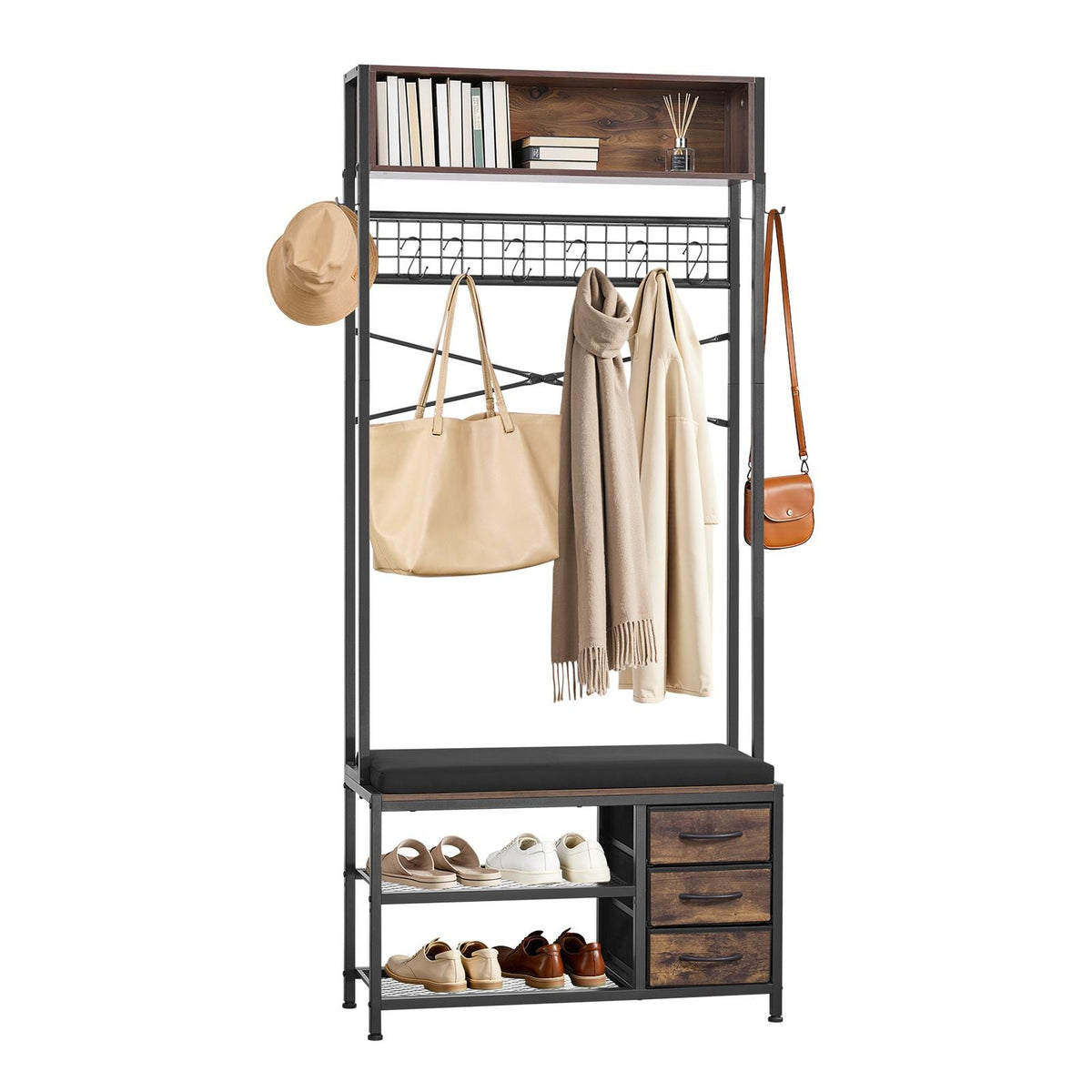 Hall Tree, 70.9 in Coat Rack with Shoe Bench & 3 Drawers, 3-in-1 Freestanding Shoe Rack Storage Organizer with Bookshelf & Wire Shelf, Steel Frame Entrance Coat Holder for Entry, Bedroom, Closet