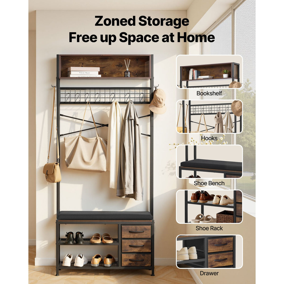 Hall Tree, 70.9 in Coat Rack with Shoe Bench & 3 Drawers, 3-in-1 Freestanding Shoe Rack Storage Organizer with Bookshelf & Wire Shelf, Steel Frame Entrance Coat Holder for Entry, Bedroom, Closet