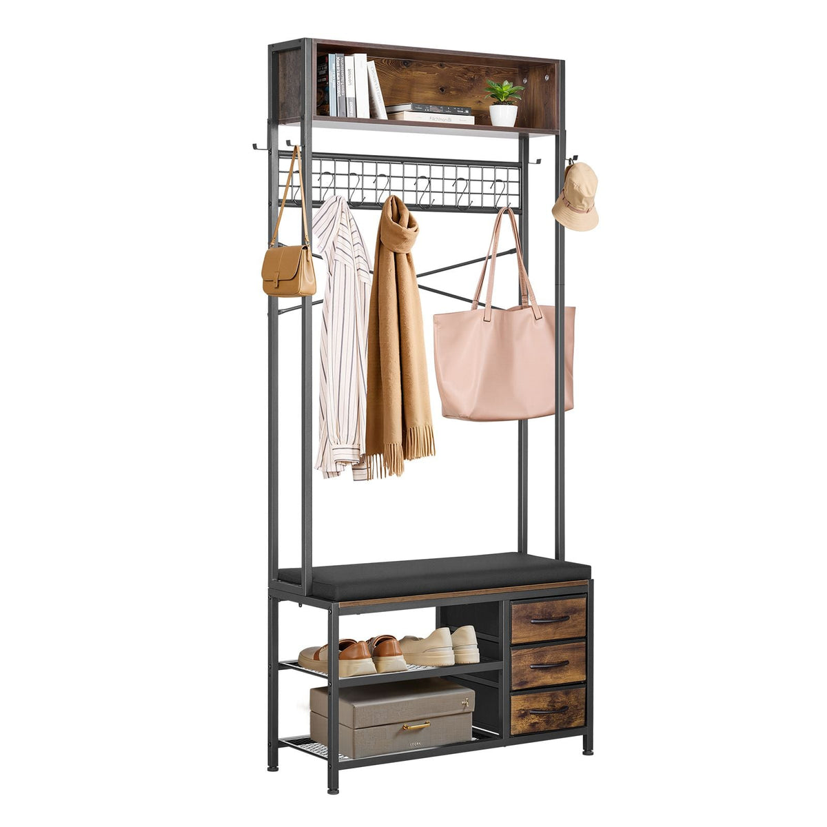 Hall Tree, 70.9 in Coat Rack with Shoe Bench & 3 Drawers, 3-in-1 Freestanding Shoe Rack Storage Organizer with Bookshelf & Wire Shelf, Steel Frame Entrance Coat Holder for Entry, Bedroom, Closet