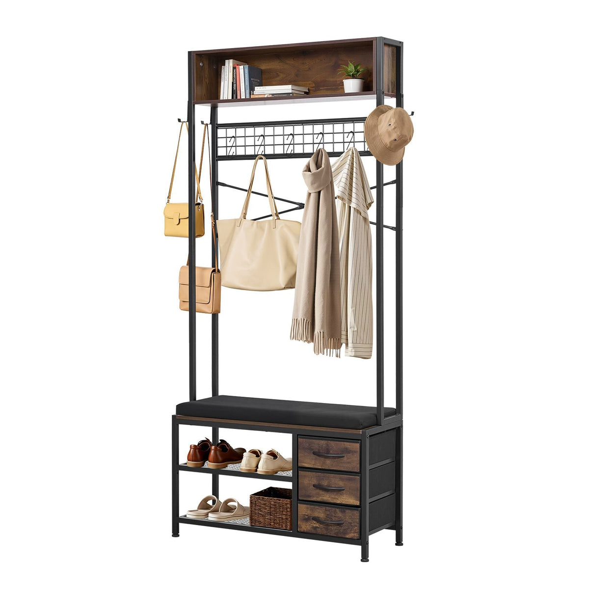 Hall Tree, 70.9 in Coat Rack with Shoe Bench & 3 Drawers, 3-in-1 Freestanding Shoe Rack Storage Organizer with Bookshelf & Wire Shelf, Steel Frame Entrance Coat Holder for Entry, Bedroom, Closet