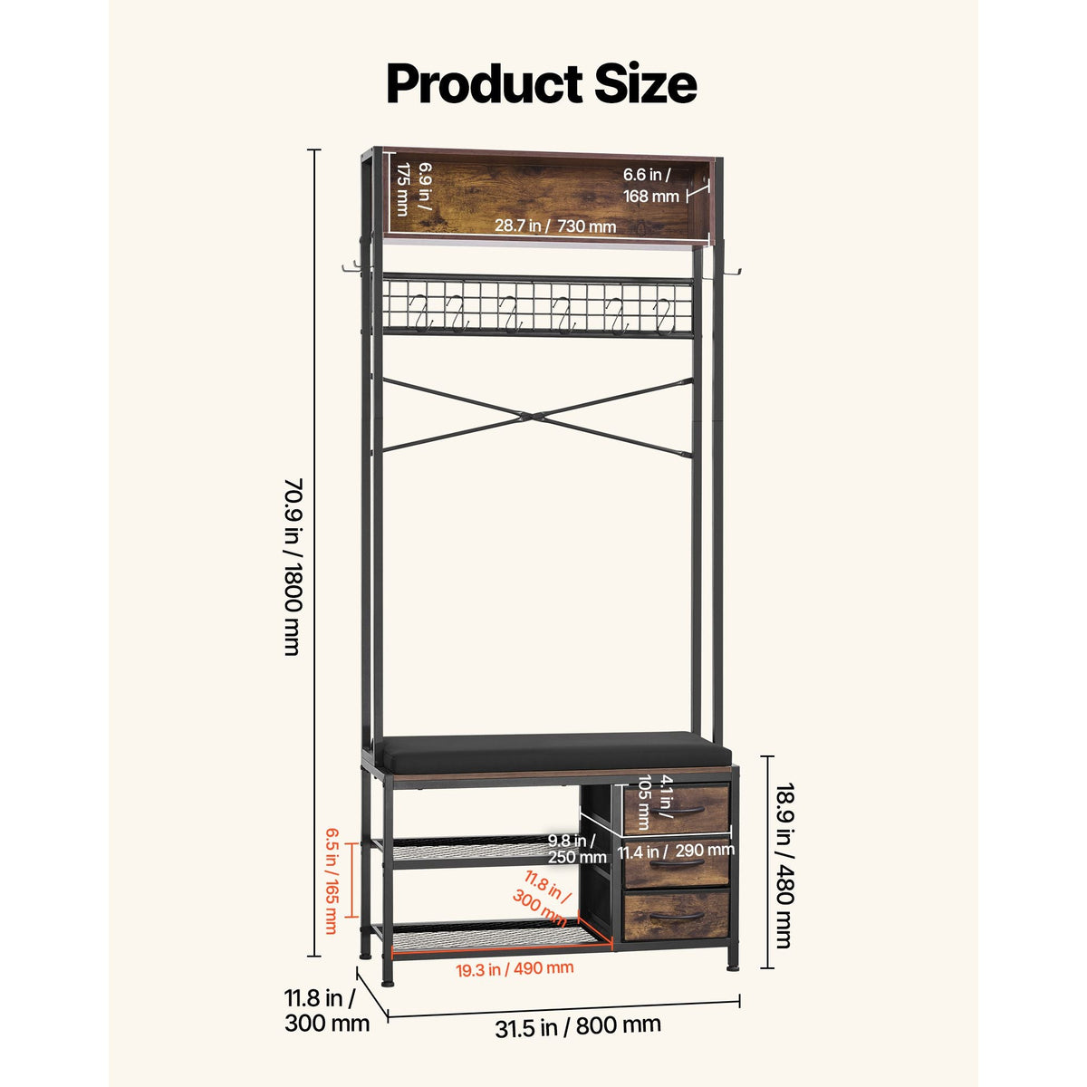 Hall Tree, 70.9 in Coat Rack with Shoe Bench & 3 Drawers, 3-in-1 Freestanding Shoe Rack Storage Organizer with Bookshelf & Wire Shelf, Steel Frame Entrance Coat Holder for Entry, Bedroom, Closet