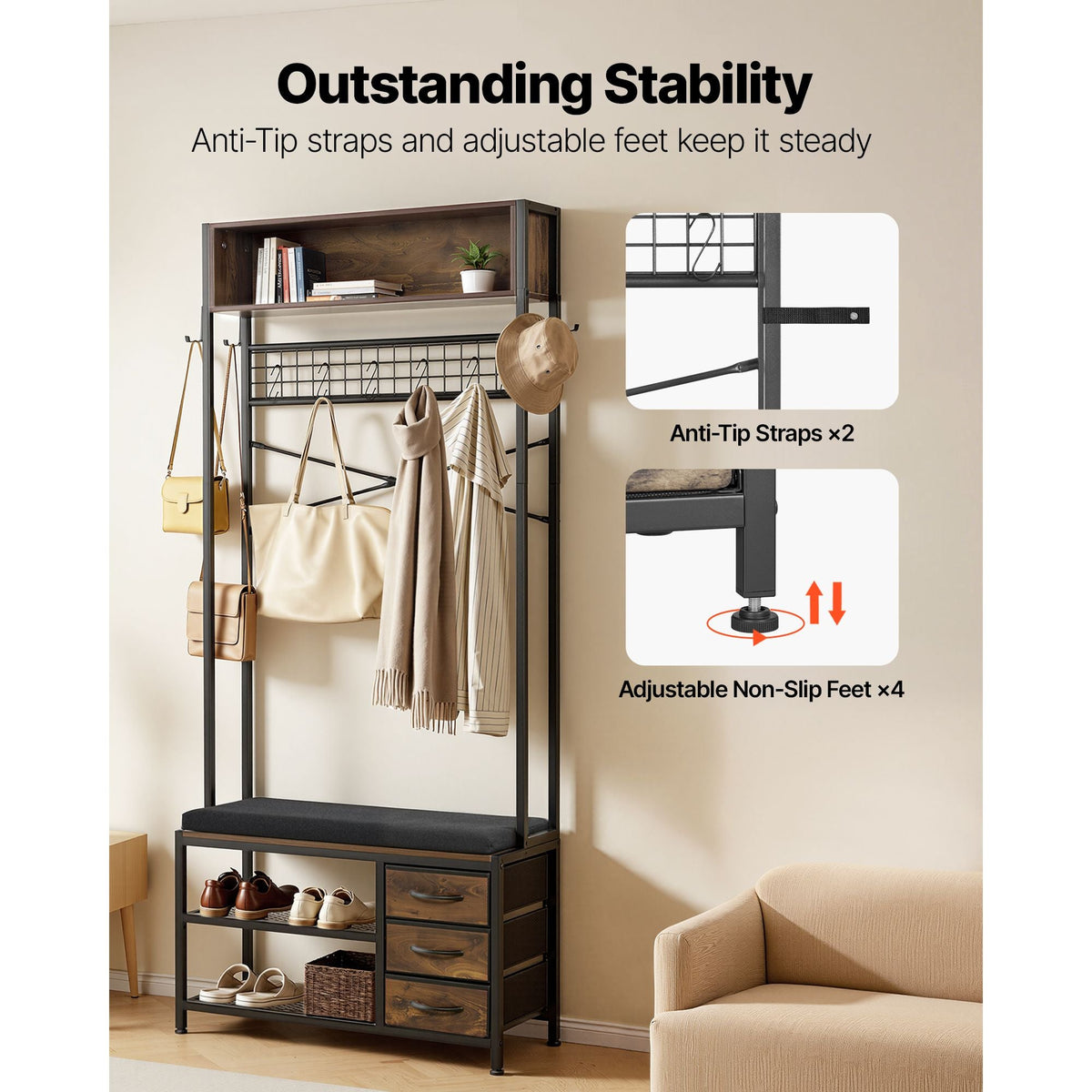 Hall Tree, 70.9 in Coat Rack with Shoe Bench & 3 Drawers, 3-in-1 Freestanding Shoe Rack Storage Organizer with Bookshelf & Wire Shelf, Steel Frame Entrance Coat Holder for Entry, Bedroom, Closet