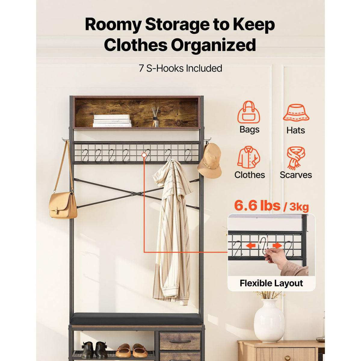 Hall Tree, 70.9 in Coat Rack with Shoe Bench & 3 Drawers, 3-in-1 Freestanding Shoe Rack Storage Organizer with Bookshelf & Wire Shelf, Steel Frame Entrance Coat Holder for Entry, Bedroom, Closet