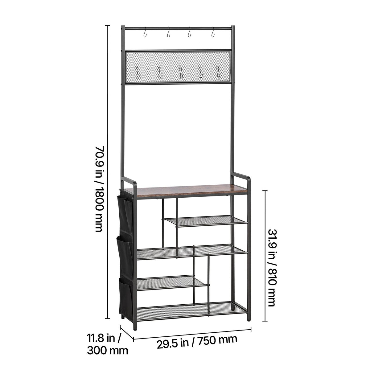 Hall Tree, 70.9 in Coat Rack with Shoe Storage, Freestanding 4-Tier Shoe Rack Organizer with Hooks, Side Pocket and Wire Shelf, Steel Frame Entrance Coat Holder for Entryway, Bedroom, Closet