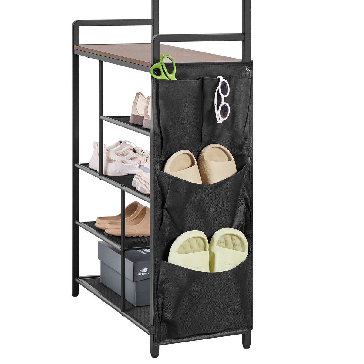 Hall Tree, 70.9 in Coat Rack with Shoe Storage, Freestanding 4-Tier Shoe Rack Organizer with Hooks, Side Pocket and Wire Shelf, Steel Frame Entrance Coat Holder for Entryway, Bedroom, Closet