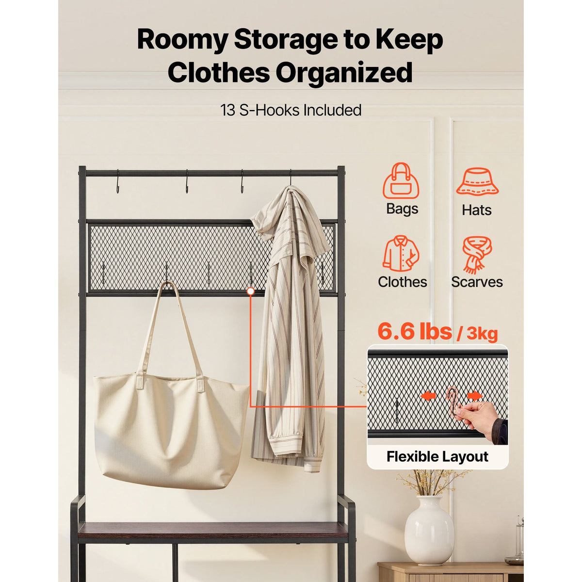 Hall Tree, 70.9 in Coat Rack with Shoe Storage, Freestanding 4-Tier Shoe Rack Organizer with Hooks, Side Pocket and Wire Shelf, Steel Frame Entrance Coat Holder for Entryway, Bedroom, Closet