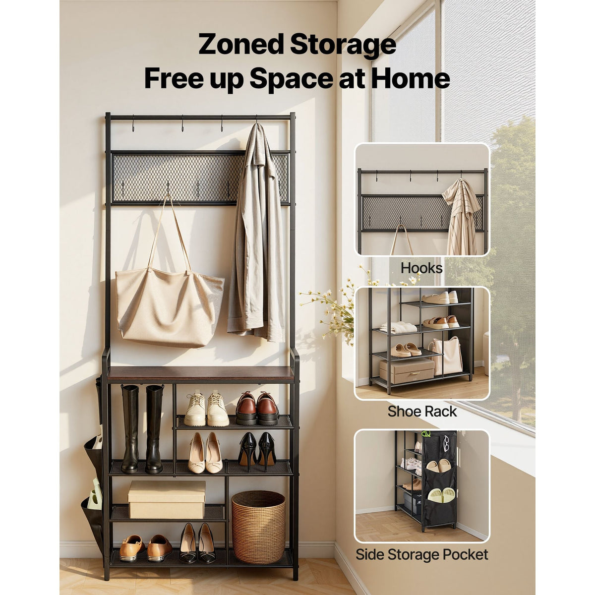Hall Tree, 70.9 in Coat Rack with Shoe Storage, Freestanding 4-Tier Shoe Rack Organizer with Hooks, Side Pocket and Wire Shelf, Steel Frame Entrance Coat Holder for Entryway, Bedroom, Closet