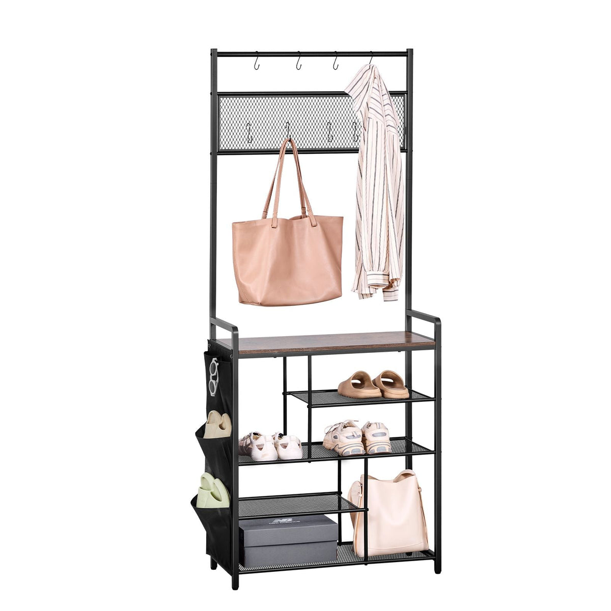 Hall Tree, 70.9 in Coat Rack with Shoe Storage, Freestanding 4-Tier Shoe Rack Organizer with Hooks, Side Pocket and Wire Shelf, Steel Frame Entrance Coat Holder for Entryway, Bedroom, Closet
