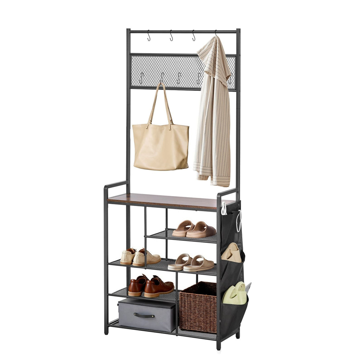 Hall Tree, 70.9 in Coat Rack with Shoe Storage, Freestanding 4-Tier Shoe Rack Organizer with Hooks, Side Pocket and Wire Shelf, Steel Frame Entrance Coat Holder for Entryway, Bedroom, Closet