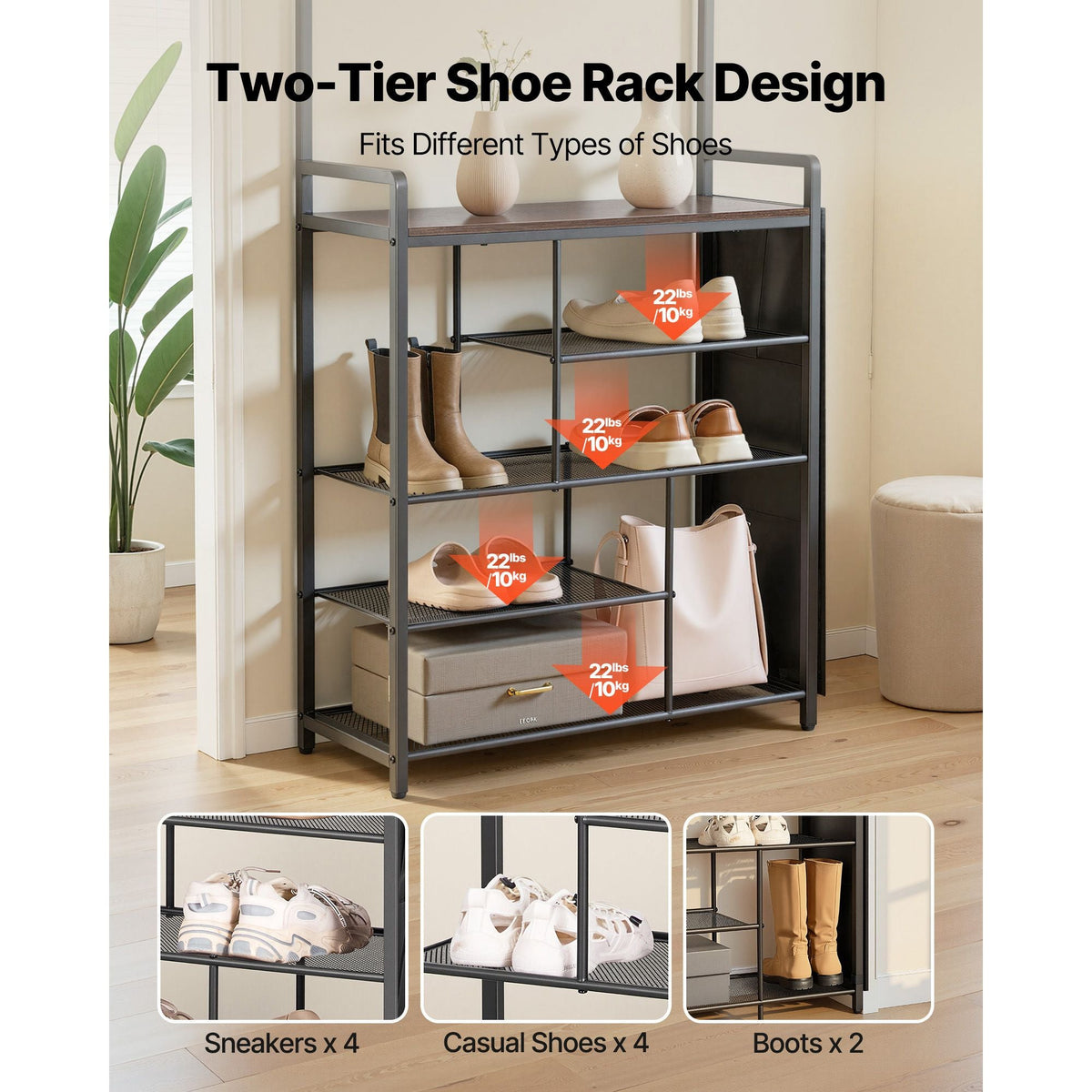Hall Tree, 70.9 in Coat Rack with Shoe Storage, Freestanding 4-Tier Shoe Rack Organizer with Hooks, Side Pocket and Wire Shelf, Steel Frame Entrance Coat Holder for Entryway, Bedroom, Closet