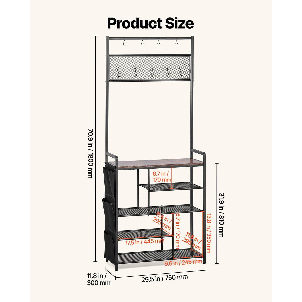 Hall Tree, 70.9 in Coat Rack with Shoe Storage, Freestanding 4-Tier Shoe Rack Organizer with Hooks, Side Pocket and Wire Shelf, Steel Frame Entrance Coat Holder for Entryway, Bedroom, Closet