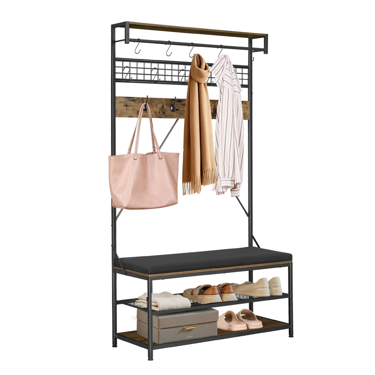 Hall Tree, 72 in Coat Rack with Shoe Bench, 2-Tier Freestanding Shoe Rack Storage Organizer with Hooks, Hanging Rod and Wire Shelf, Steel Frame Entrance Coat Holder for Entry, Bedroom, Closet