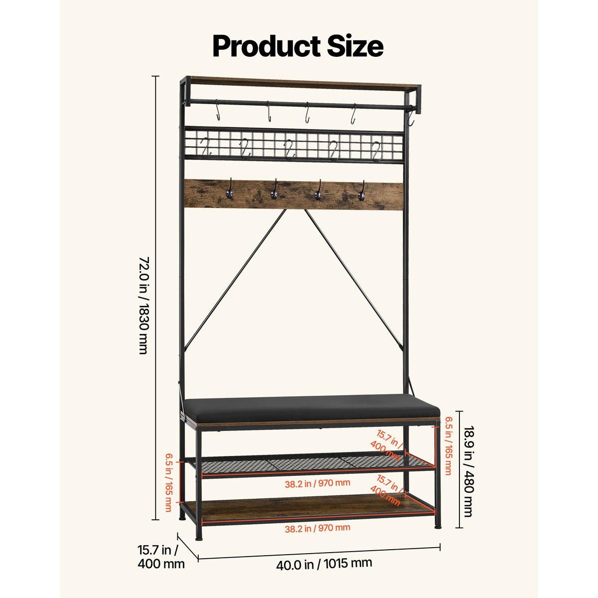 Hall Tree, 72 in Coat Rack with Shoe Bench, 2-Tier Freestanding Shoe Rack Storage Organizer with Hooks, Hanging Rod and Wire Shelf, Steel Frame Entrance Coat Holder for Entry, Bedroom, Closet