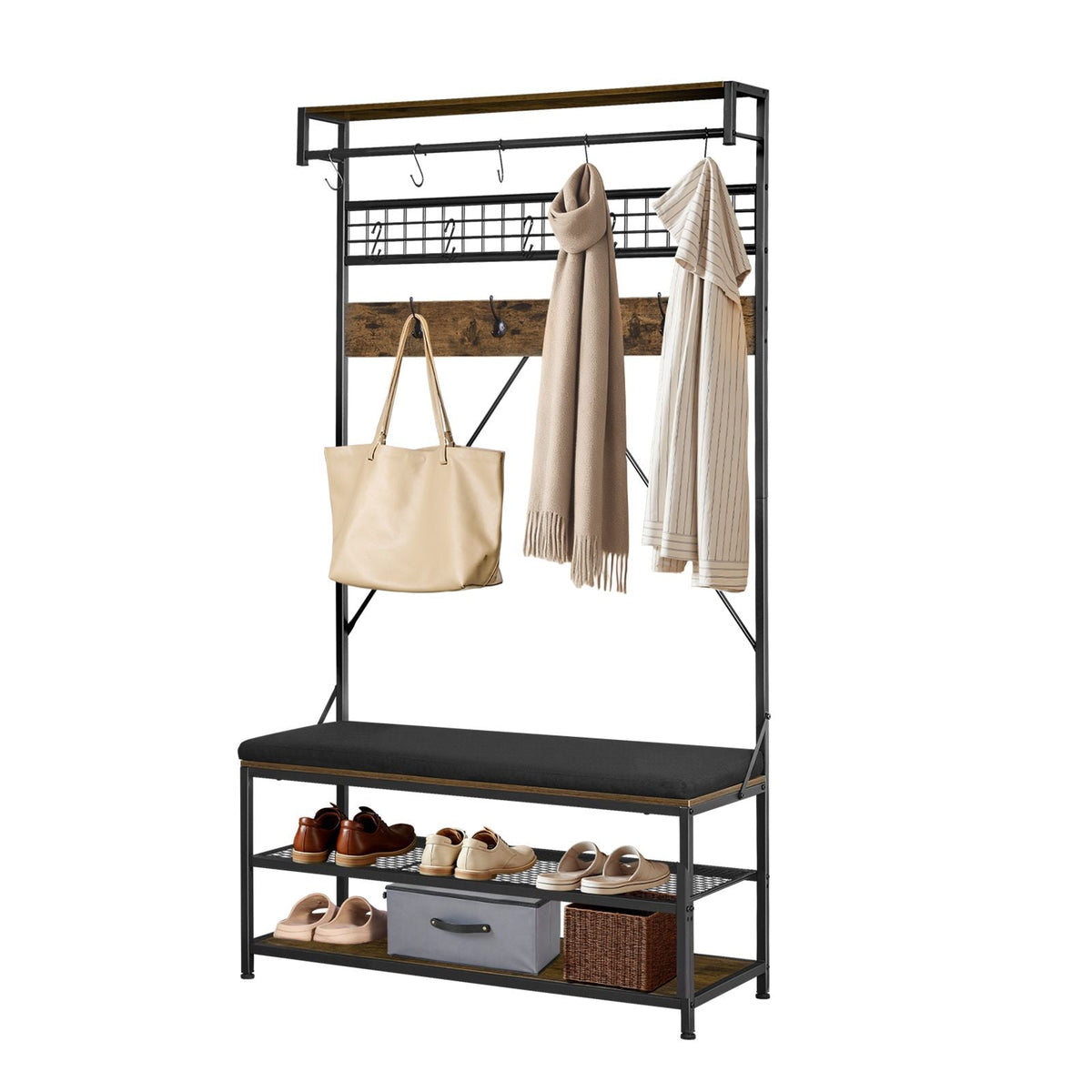 Hall Tree, 72 in Coat Rack with Shoe Bench, 2-Tier Freestanding Shoe Rack Storage Organizer with Hooks, Hanging Rod and Wire Shelf, Steel Frame Entrance Coat Holder for Entry, Bedroom, Closet