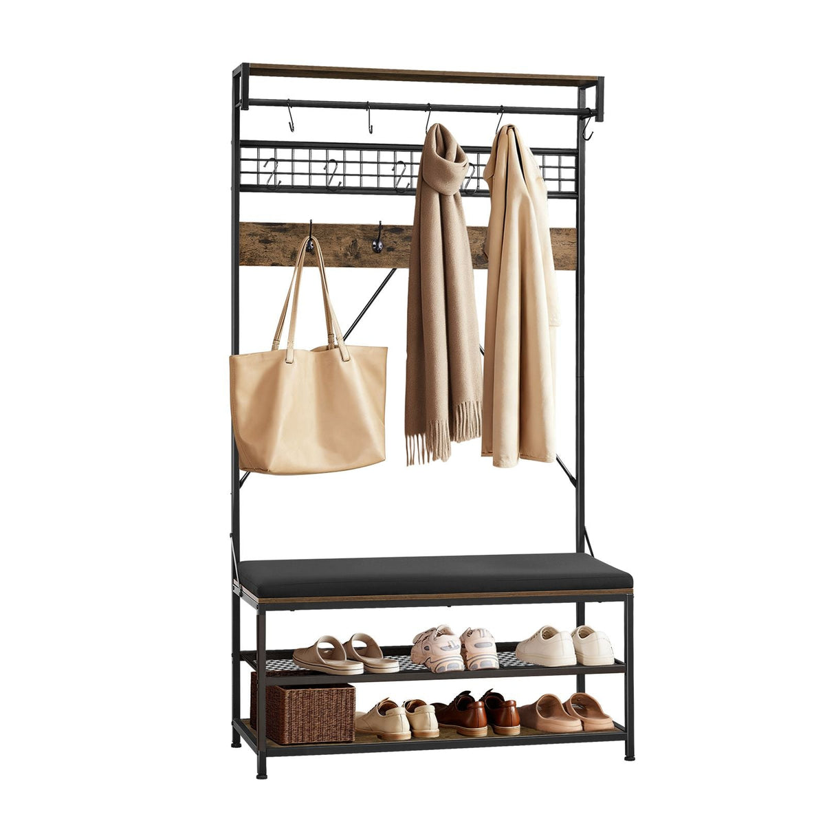 Hall Tree, 72 in Coat Rack with Shoe Bench, 2-Tier Freestanding Shoe Rack Storage Organizer with Hooks, Hanging Rod and Wire Shelf, Steel Frame Entrance Coat Holder for Entry, Bedroom, Closet