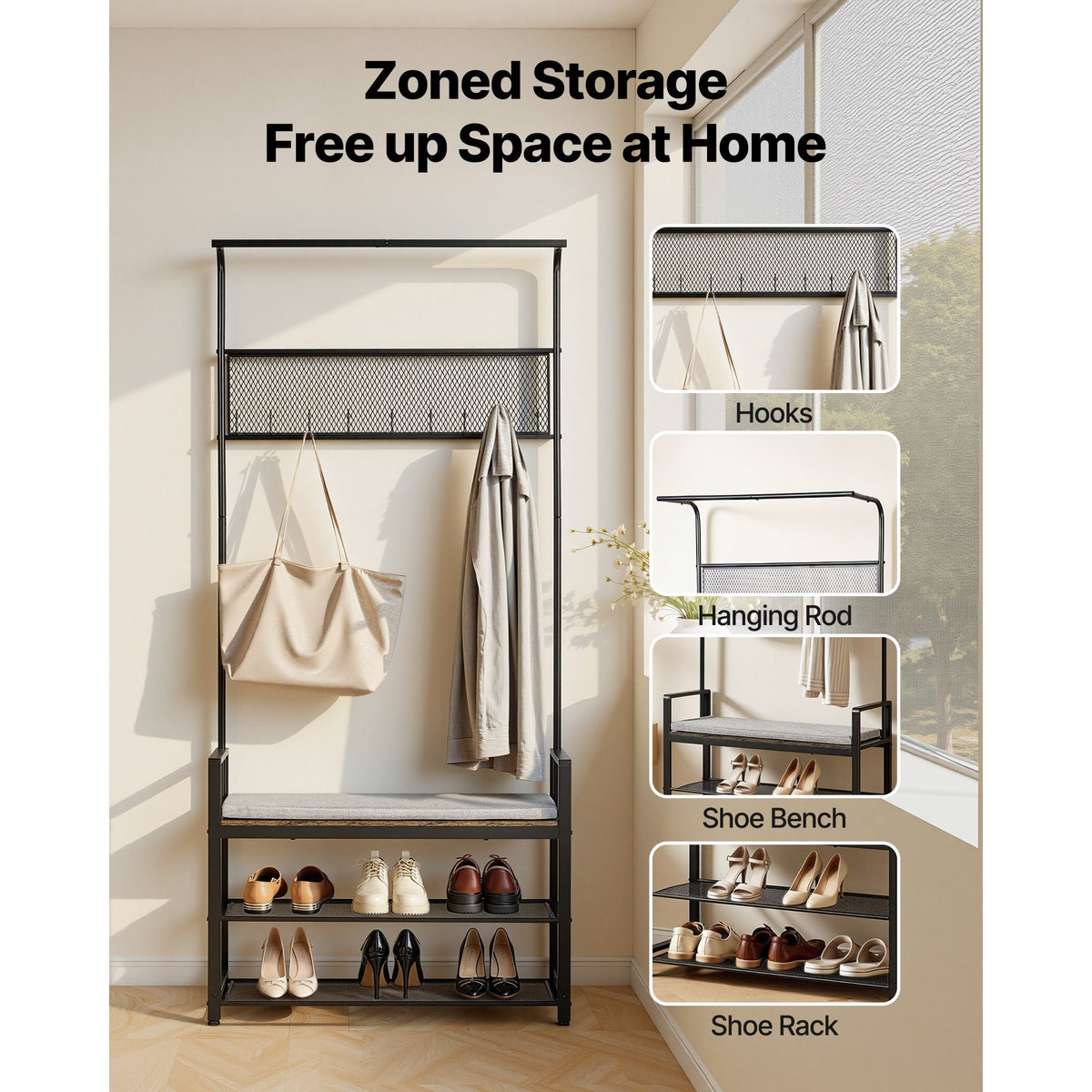 Hall Tree, 72 in Coat Rack with Shoe Bench, Freestanding 2-Tier Shoe Rack Storage Organizer with Hooks, Hanging Rod and Wire Shelf, Steel Frame Entrance Coat Holder for Entry, Bedroom, Closet