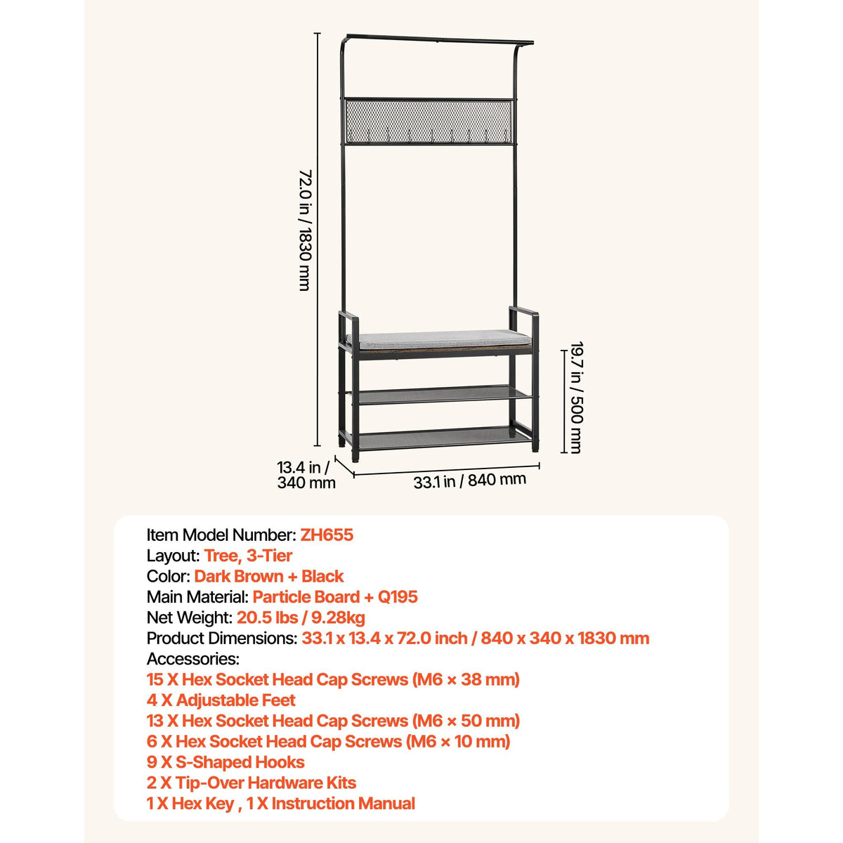 Hall Tree, 72 in Coat Rack with Shoe Bench, Freestanding 2-Tier Shoe Rack Storage Organizer with Hooks, Hanging Rod and Wire Shelf, Steel Frame Entrance Coat Holder for Entry, Bedroom, Closet