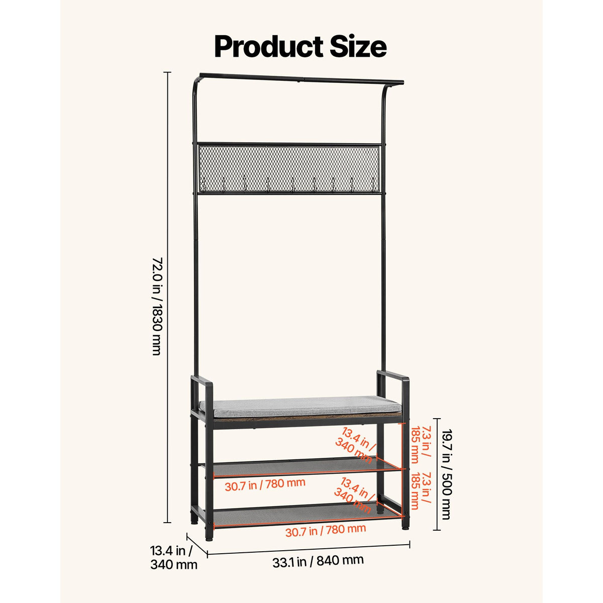 Hall Tree, 72 in Coat Rack with Shoe Bench, Freestanding 2-Tier Shoe Rack Storage Organizer with Hooks, Hanging Rod and Wire Shelf, Steel Frame Entrance Coat Holder for Entry, Bedroom, Closet
