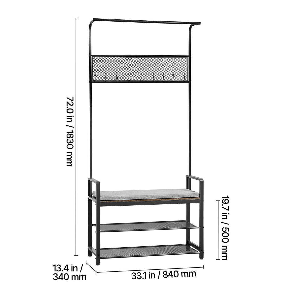 Hall Tree, 72 in Coat Rack with Shoe Bench, Freestanding 2-Tier Shoe Rack Storage Organizer with Hooks, Hanging Rod and Wire Shelf, Steel Frame Entrance Coat Holder for Entry, Bedroom, Closet