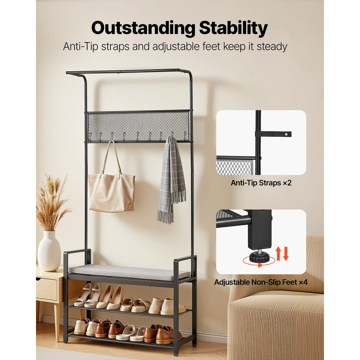 Hall Tree, 72 in Coat Rack with Shoe Bench, Freestanding 2-Tier Shoe Rack Storage Organizer with Hooks, Hanging Rod and Wire Shelf, Steel Frame Entrance Coat Holder for Entry, Bedroom, Closet