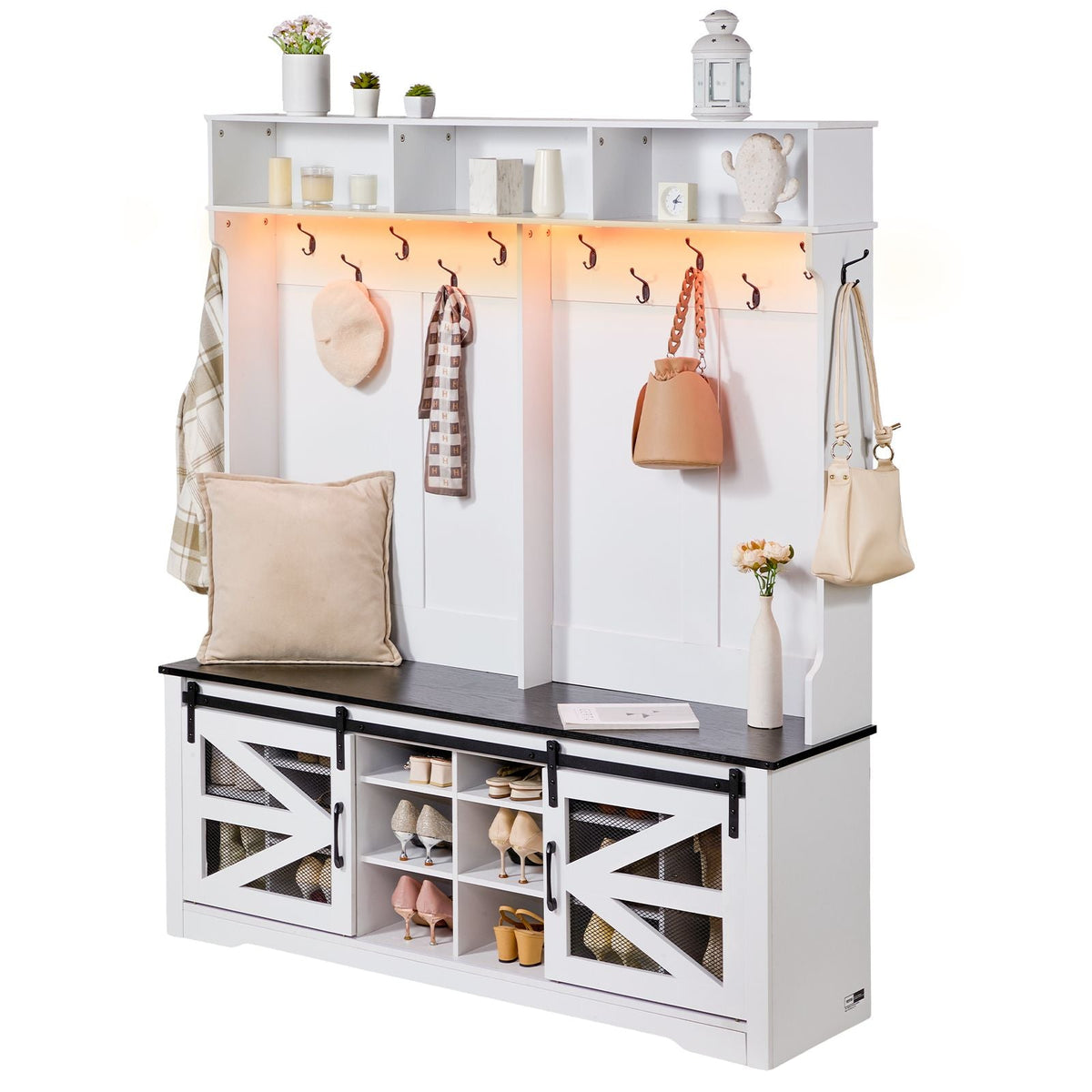 Hall Tree Entryway Bench, LED Coat Rack with Shoe Storage, 59" Wide Mudroom bench with Storage and Seating, Adjustable Shelves and 12 Hanging Hooks, for Mudroom, Entryway, Hallway