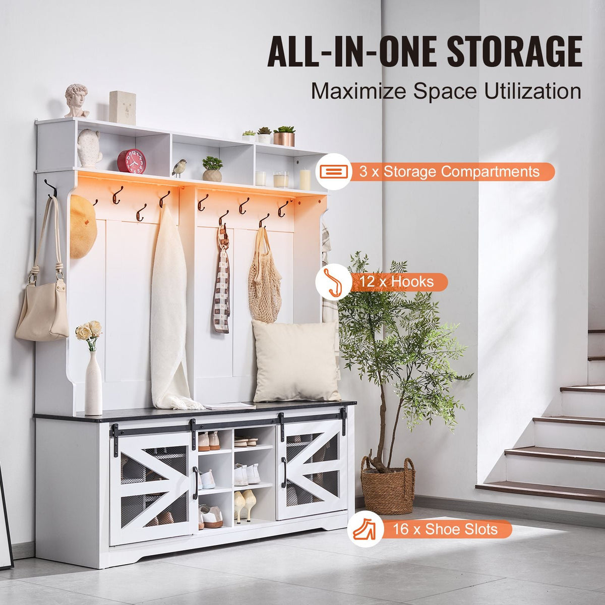 Hall Tree Entryway Bench, LED Coat Rack with Shoe Storage, 59" Wide Mudroom bench with Storage and Seating, Adjustable Shelves and 12 Hanging Hooks, for Mudroom, Entryway, Hallway