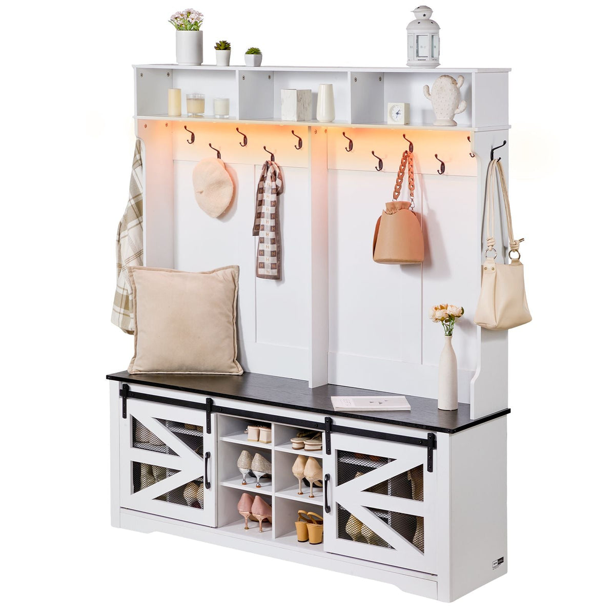 Hall Tree Entryway Bench, LED Coat Rack with Shoe Storage, 59" Wide Mudroom bench with Storage and Seating, Adjustable Shelves and 12 Hanging Hooks, for Mudroom, Entryway, Hallway