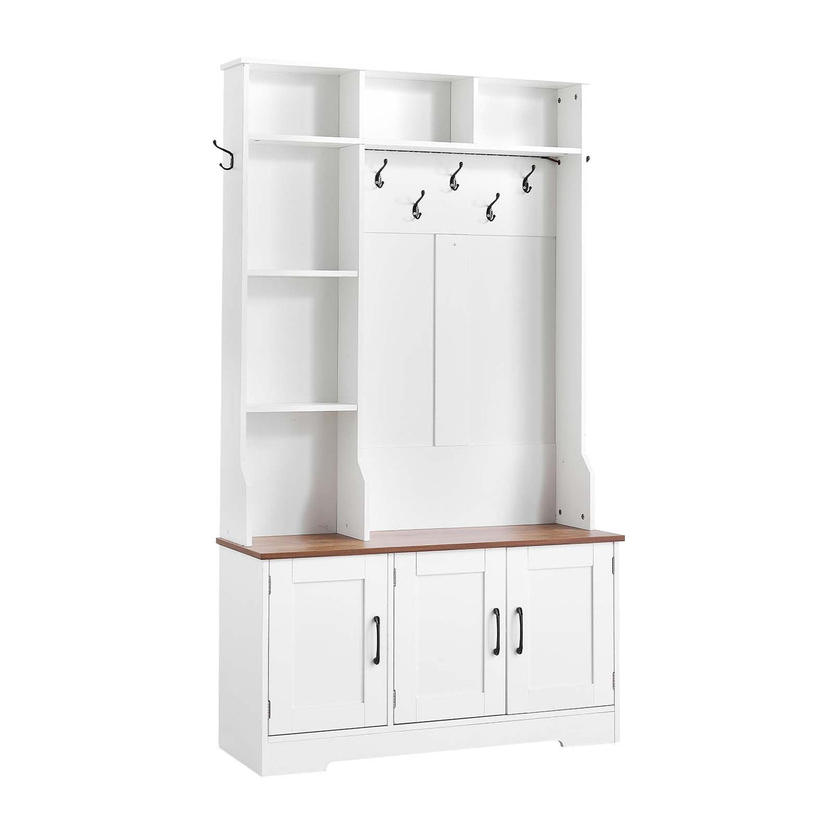 Hall Tree with Bench and Shoe Storage, 39" Wide, Entryway Hall Tree with Bench, Hanging Hooks, Storage Shelves, Adjustable Shoe Shelves, LED Light, Wooden, for Mudroom, Entryway, Hallway, White