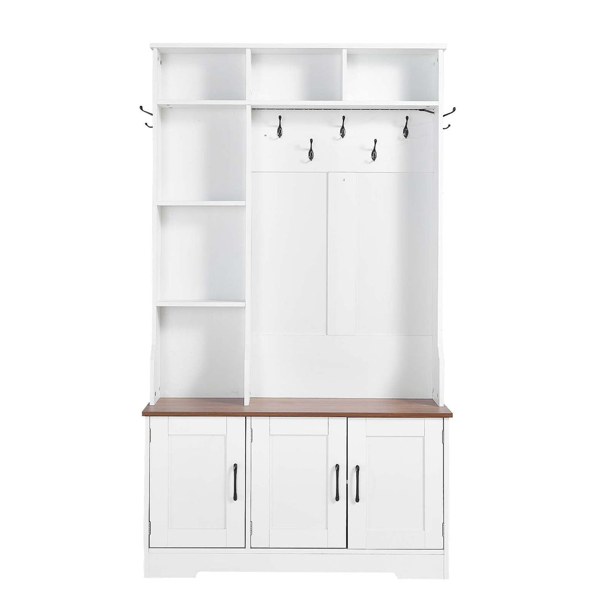 Hall Tree with Bench and Shoe Storage, 39" Wide, Entryway Hall Tree with Bench, Hanging Hooks, Storage Shelves, Adjustable Shoe Shelves, LED Light, Wooden, for Mudroom, Entryway, Hallway, White