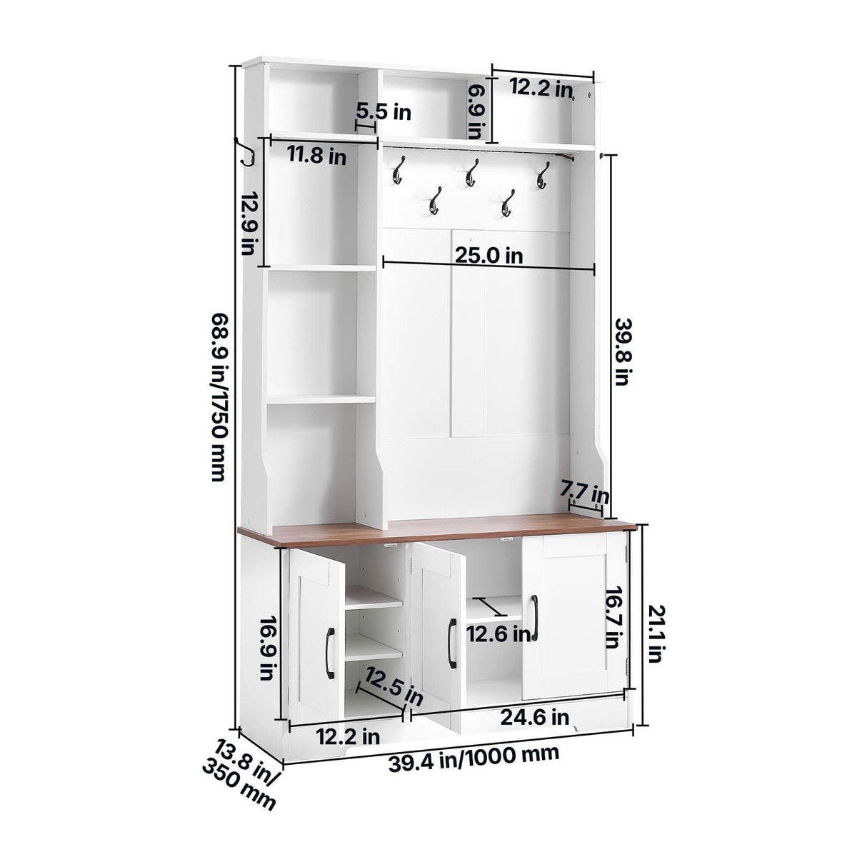 Hall Tree with Bench and Shoe Storage, 39" Wide, Entryway Hall Tree with Bench, Hanging Hooks, Storage Shelves, Adjustable Shoe Shelves, LED Light, Wooden, for Mudroom, Entryway, Hallway, White